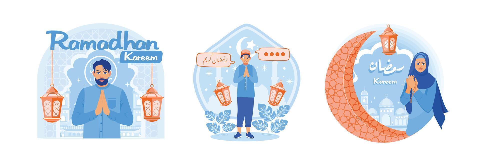 Muslims say Ramadan greetings decorated with lanterns and mosque silhouettes. vector