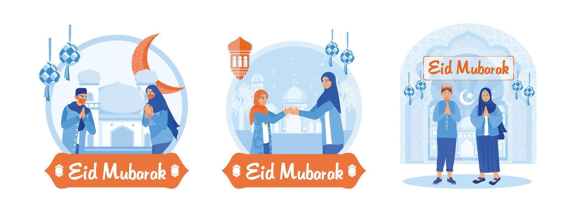 Muslims congratulate Eid al-Fitr, shake hands and forgive each other. vector
