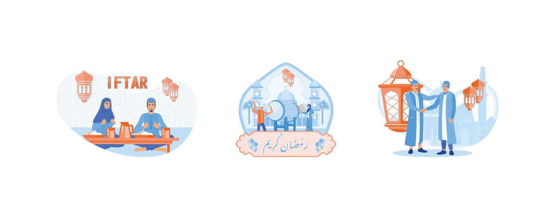 Muslims celebrate the month of Ramadan, iftar together, beating drums and playing with fireworks. vector