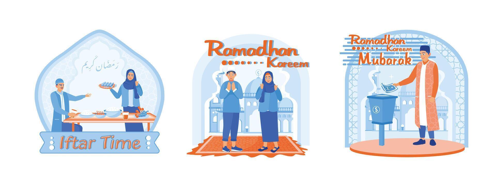 Muslims welcome the month of Ramadan by iftar together, saying Ramadan greetings, and giving alms. vector