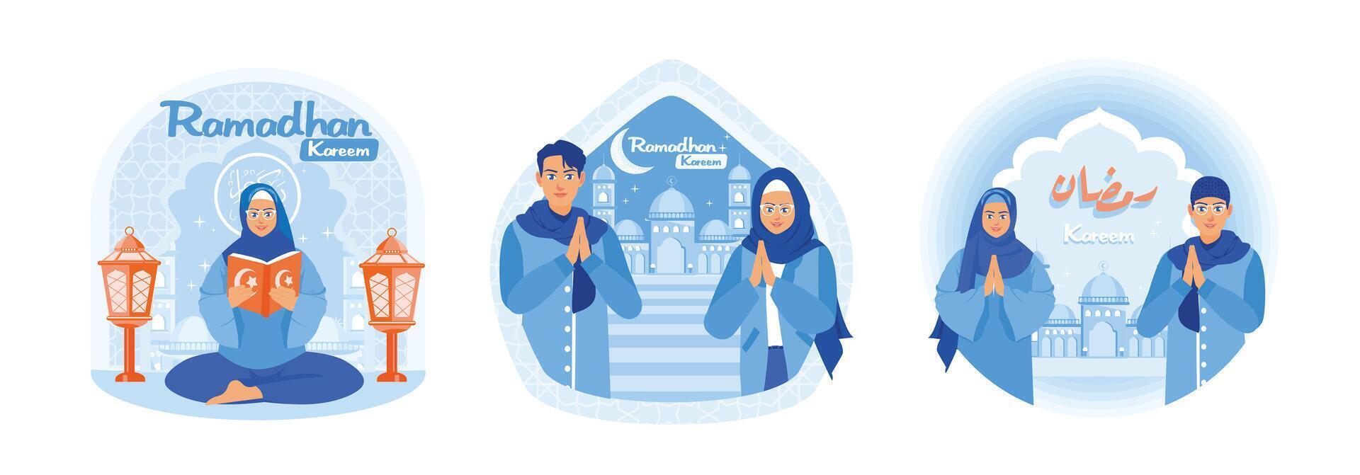Muslims welcome the month of Ramadan, read the Quran, say Ramadan greetings. vector