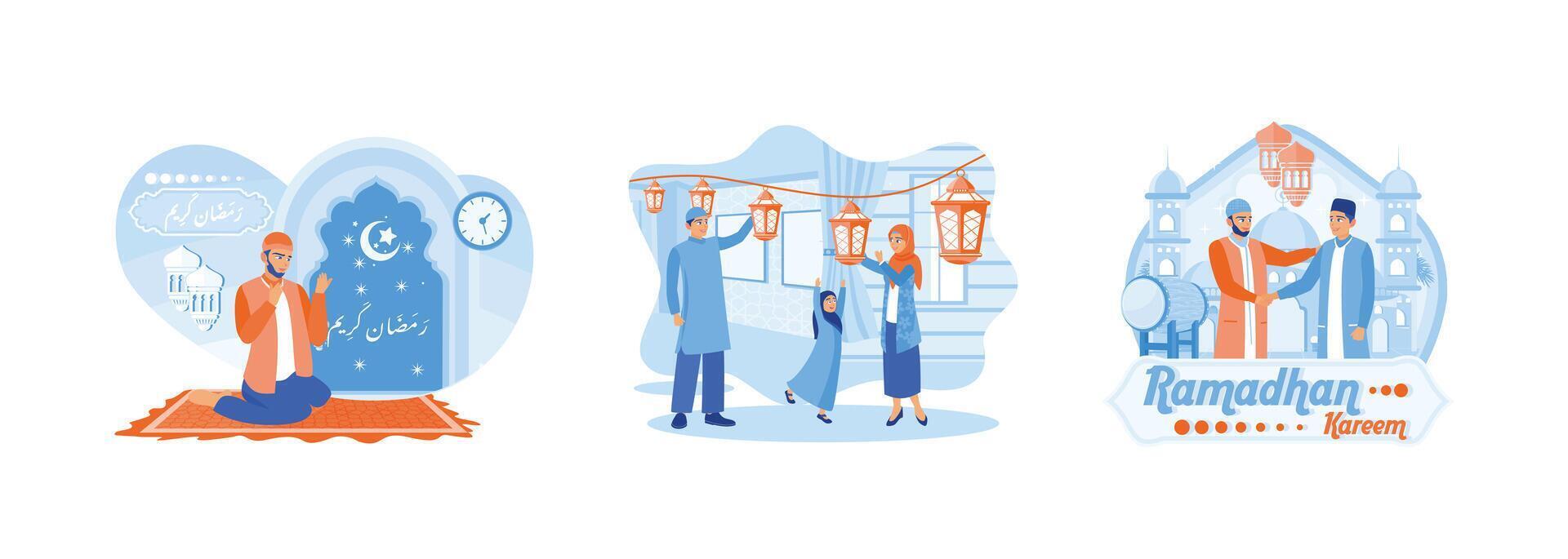 Muslims put up lanterns, pray on Ramadan nights, and forgive each other. vector