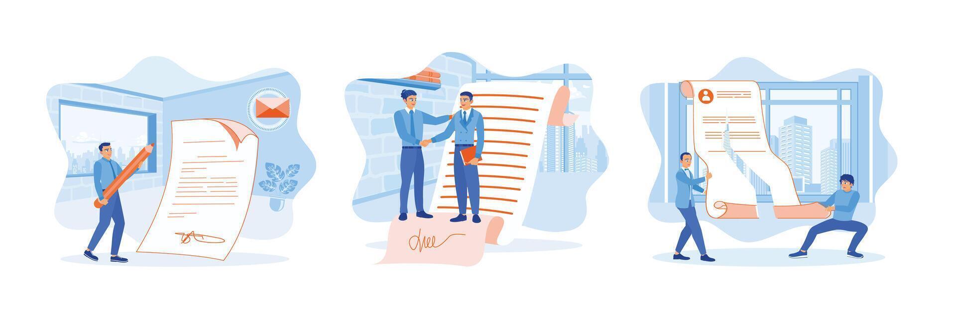 Two businessmen shake hands after signing a business agreement. vector