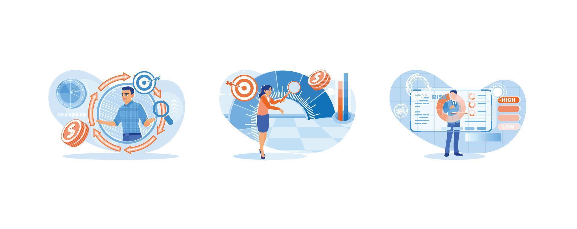 Businesswoman analyzes key performance indicators forrisk management and assessment. vector