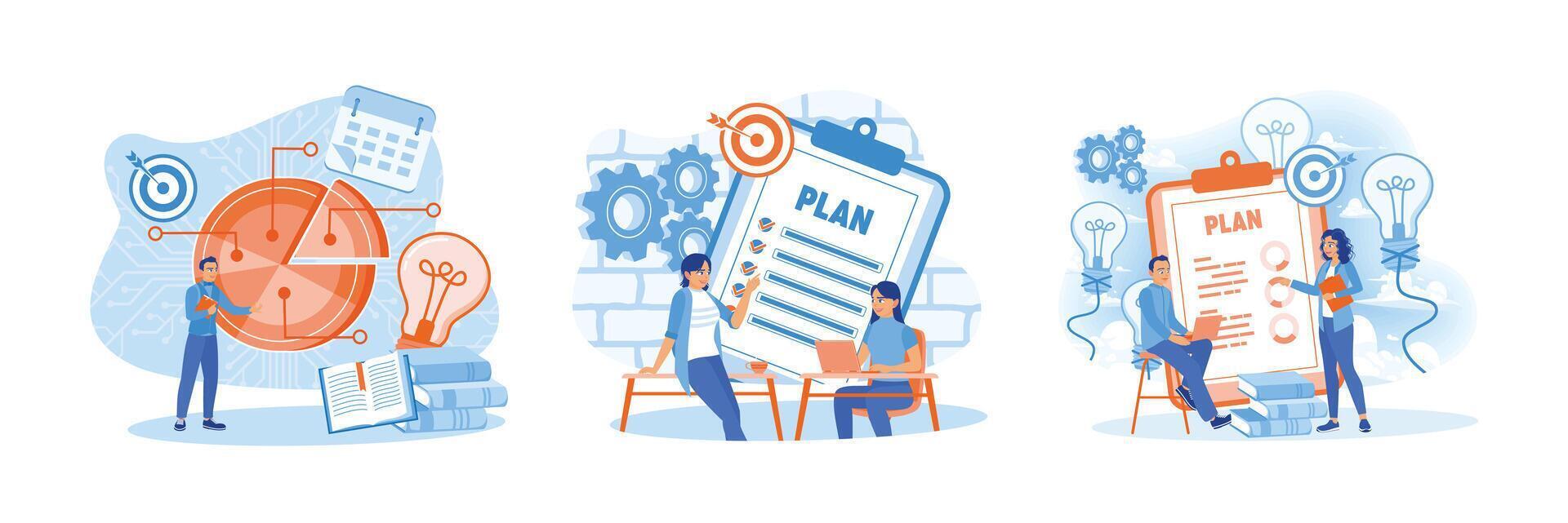 Business people calculate financial budgets, create work plans, and develop ideas to achieve goals. vector
