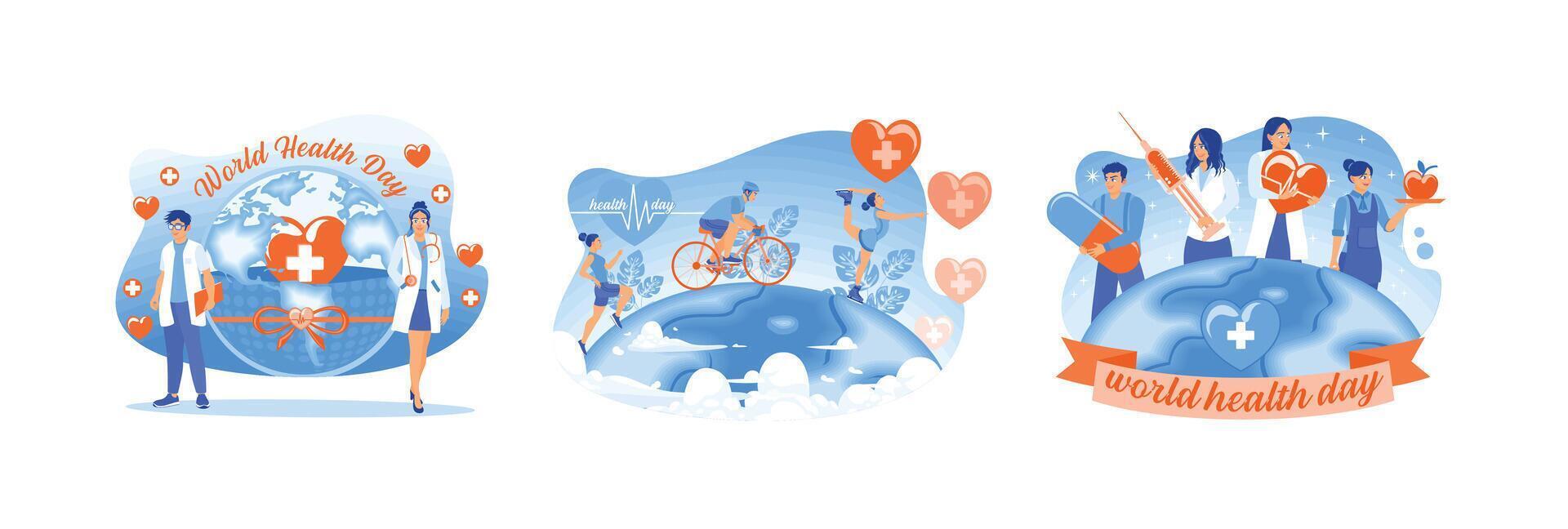 People celebrate World Health Day and live a healthy lifestyle. vector