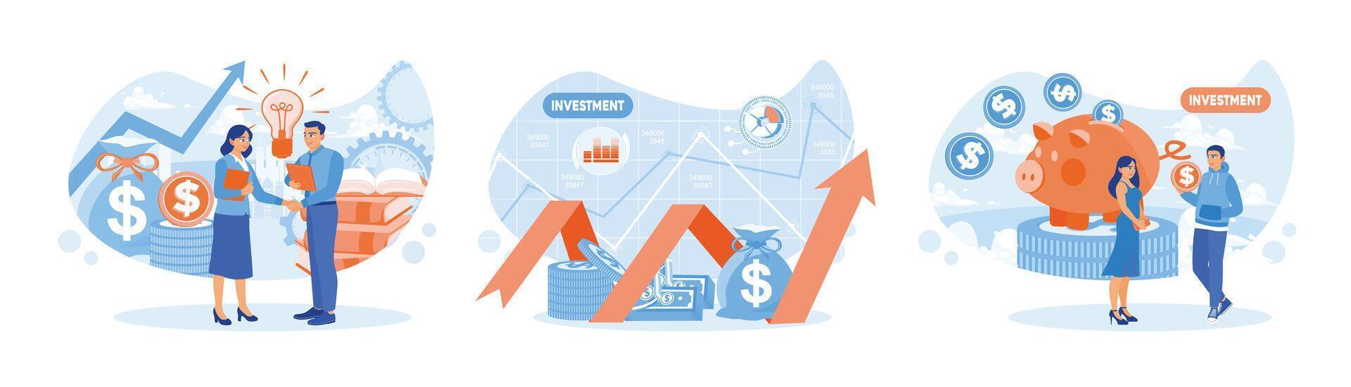 Businessmen invest money, income growth graph, save money in piggy banks. vector