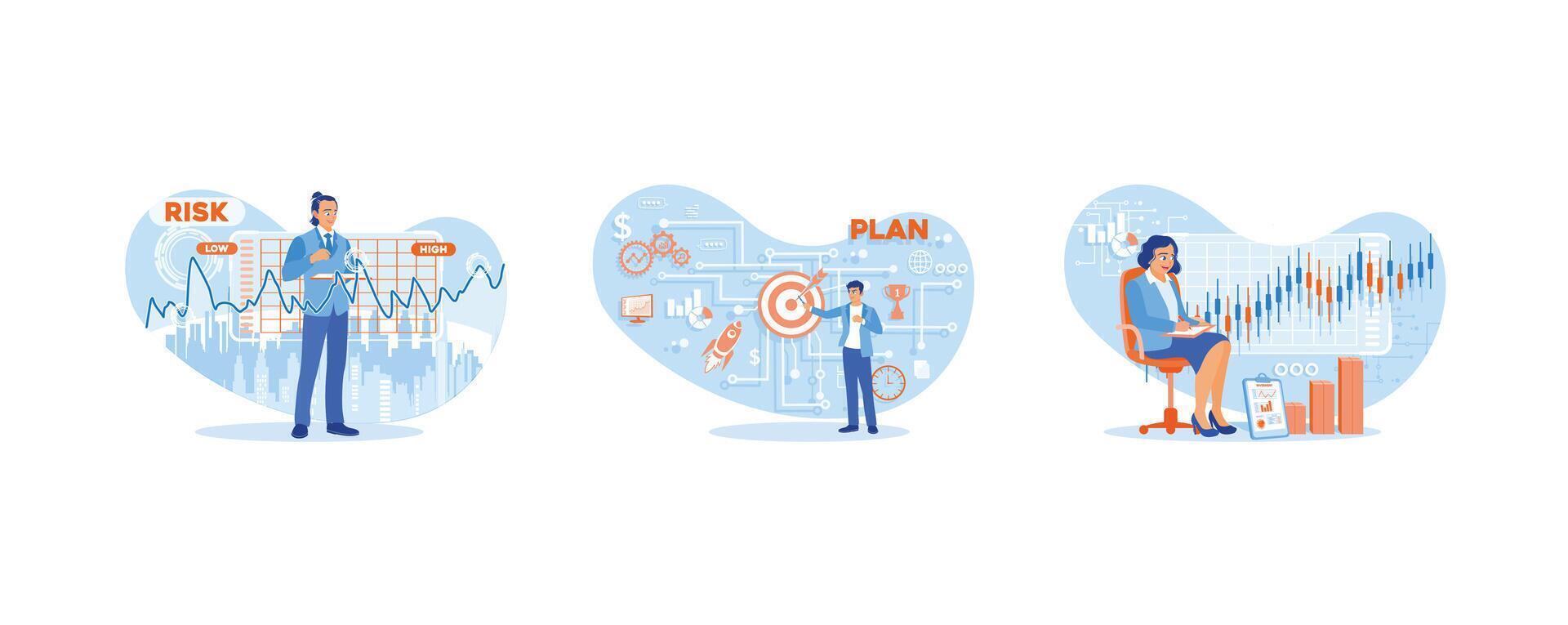 Businessman analyzes financial data and controls risk management strategies in decision making. vector
