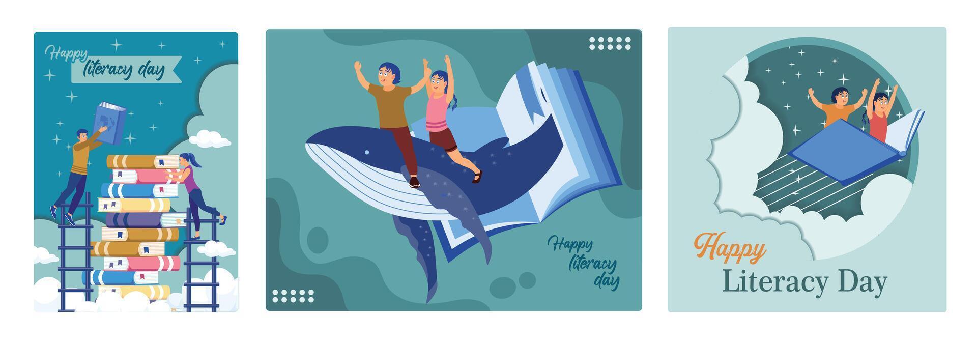 Children's imagination when reading books, children imagine riding a big whale. vector
