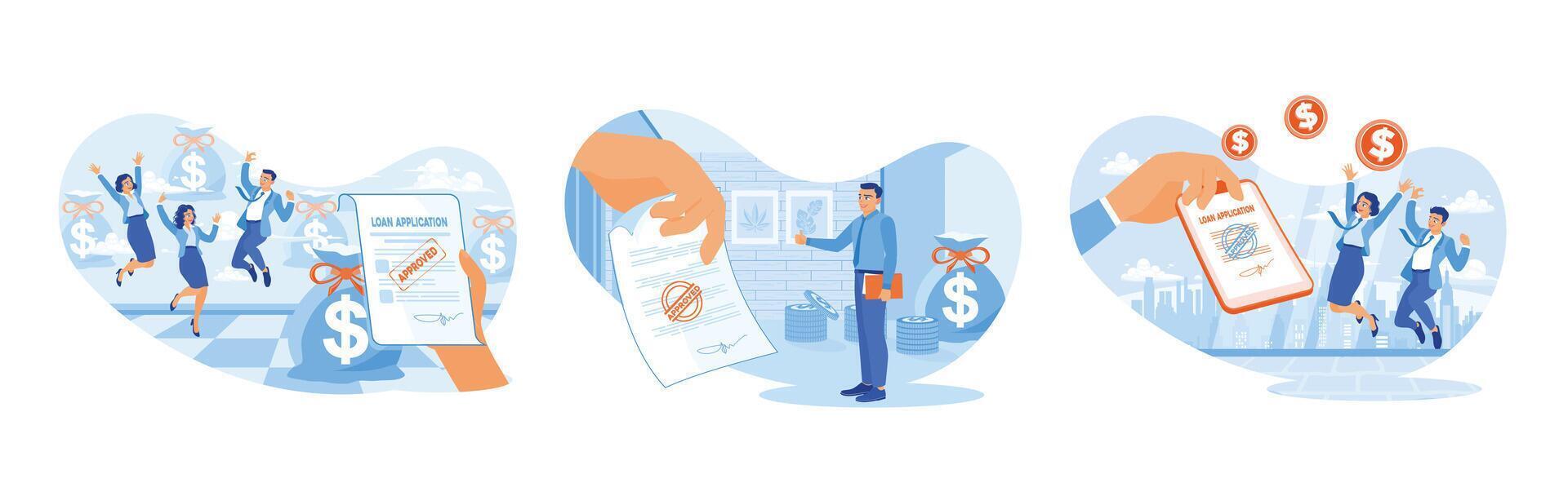 The entrepreneur signs a loan agreement which is approved by the bank. vector