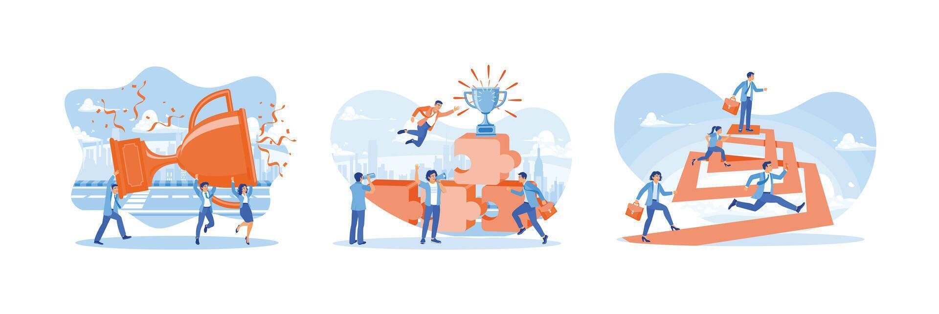 Business teams celebrate successes and look at business challenges. vector