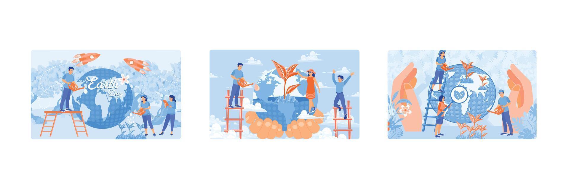 People protect the earth from pollution and save the earth's ecosystem. vector