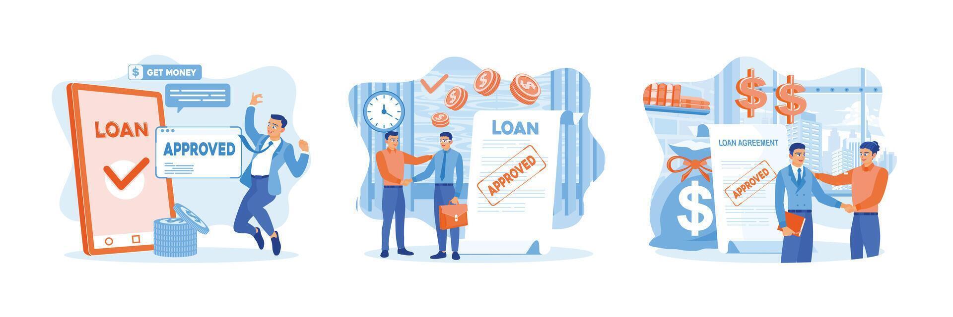 Businessman shakes hands with banker after signing loan agreement. vector