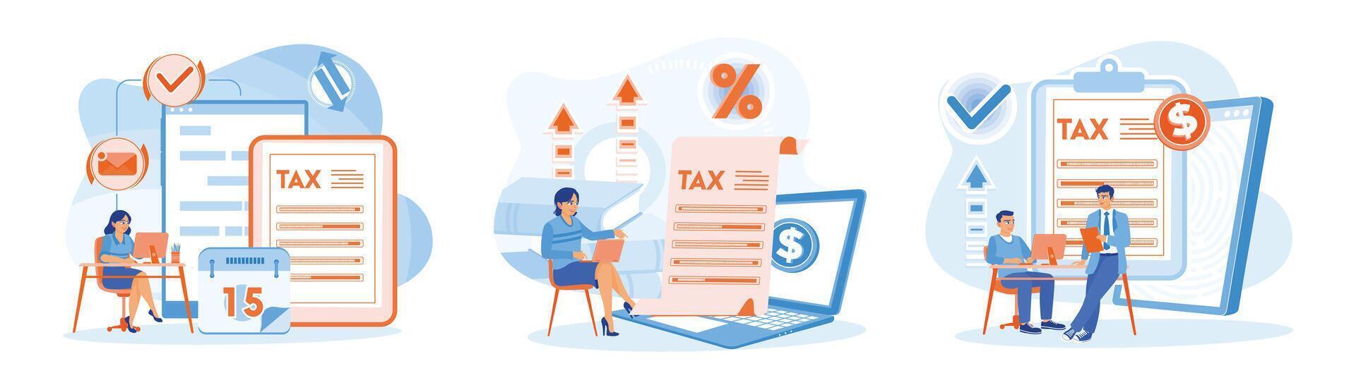 Female accountant prepares tax payments, calculates and fills out tax documents online. vector