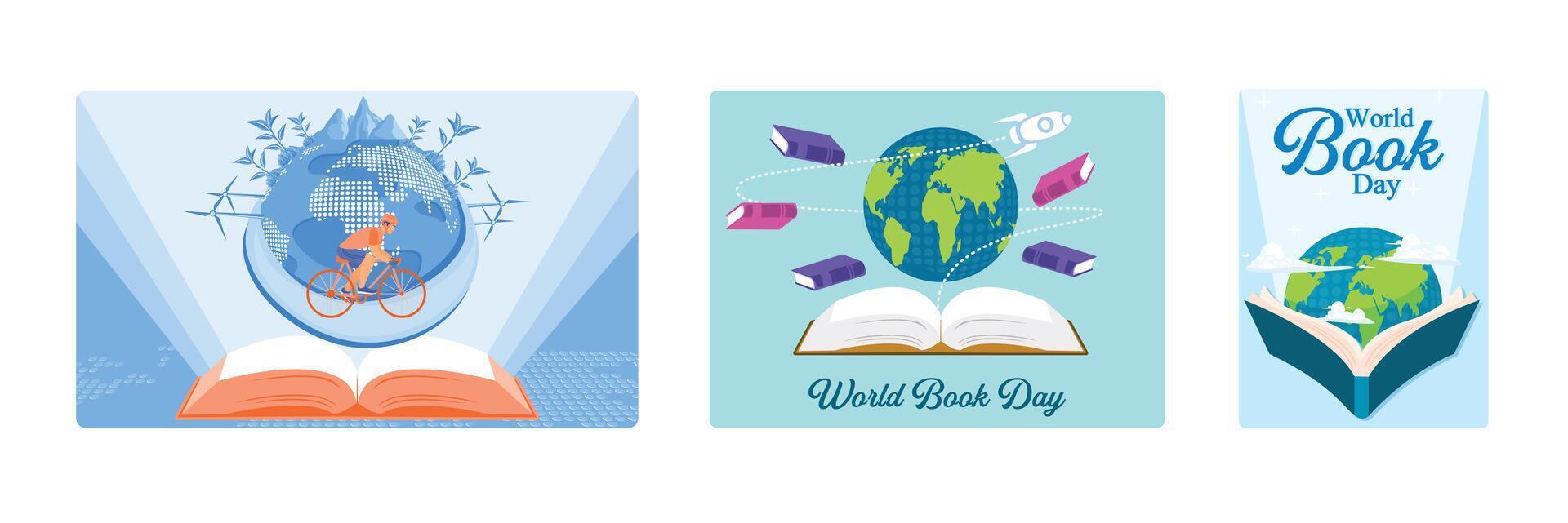 Celebrate World Book Day with globes and open books. vector