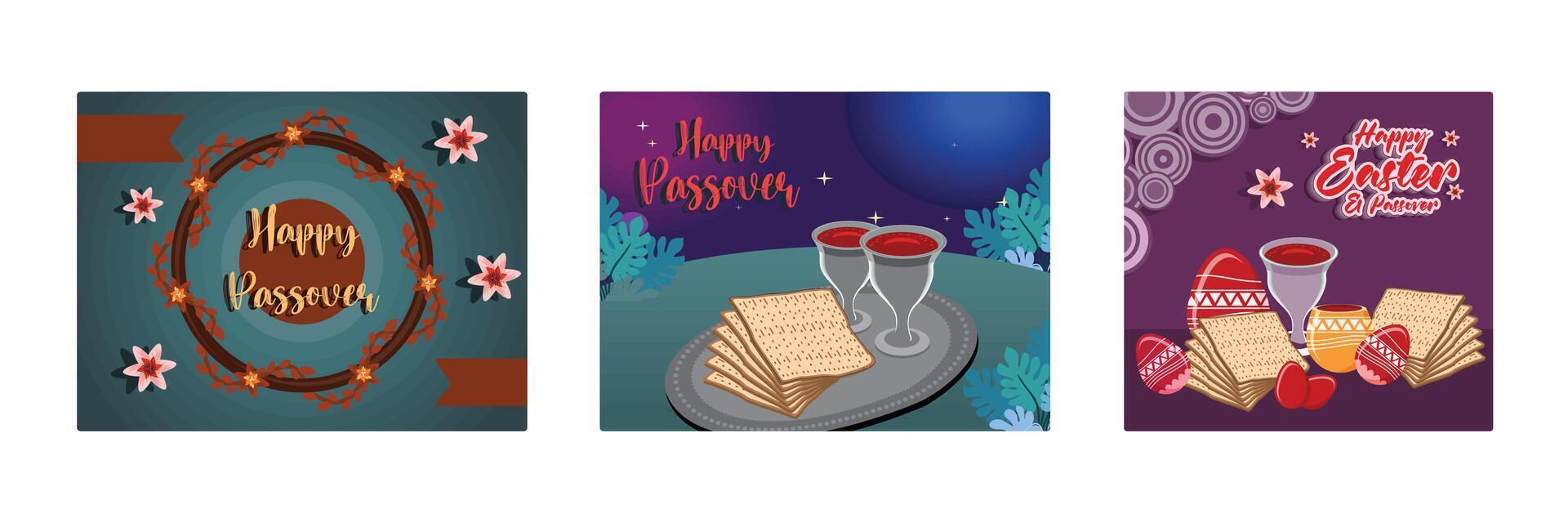 Passover celebration with the family with eggs, matzah, and wine. vector