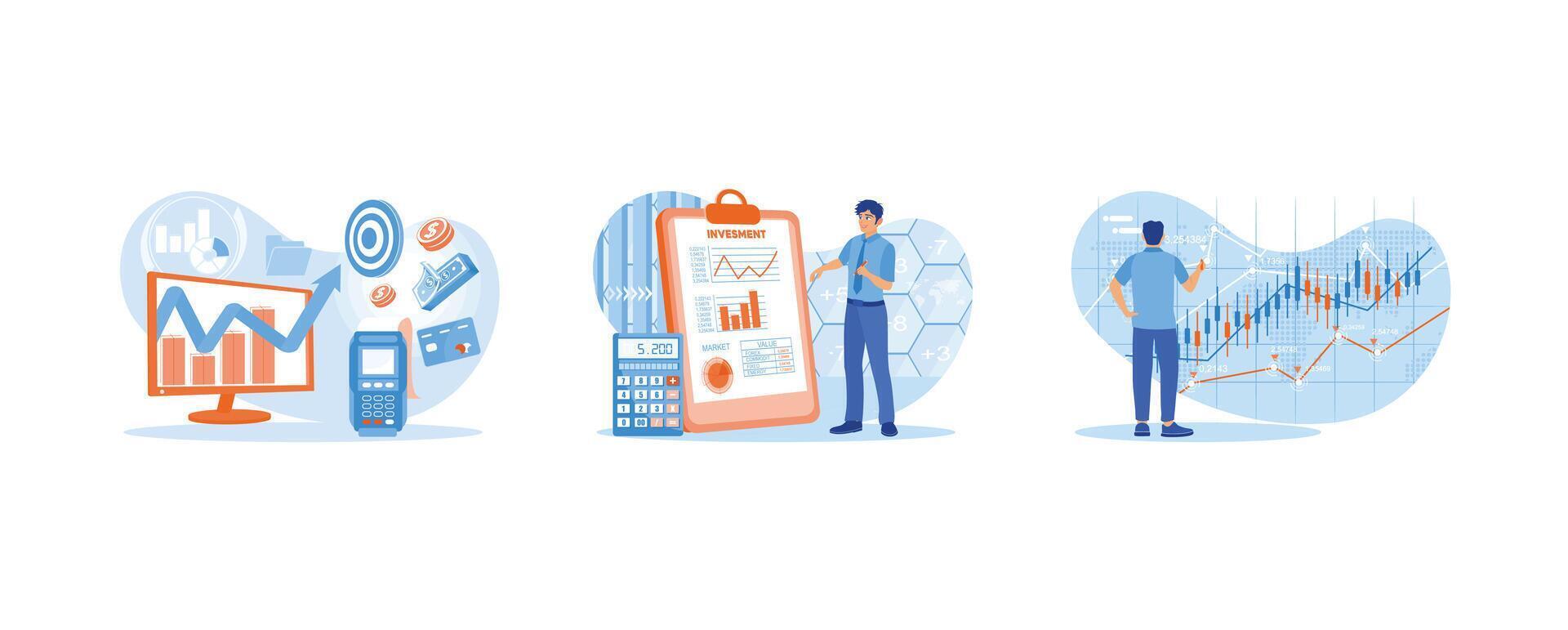 A male accountant analyzes financial data and stock market charts. vector