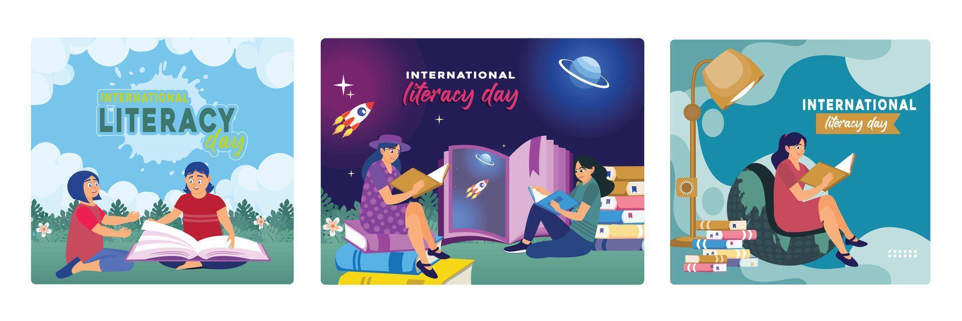 Two young women are reading a book and daydreaming in space. vector