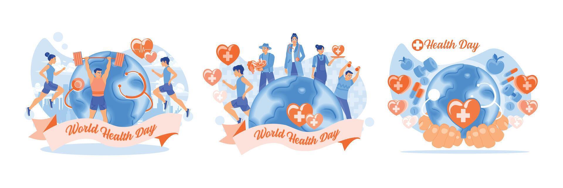 World Health Day is celebrated every April 7, people live a healthy and active lifestyle. vector