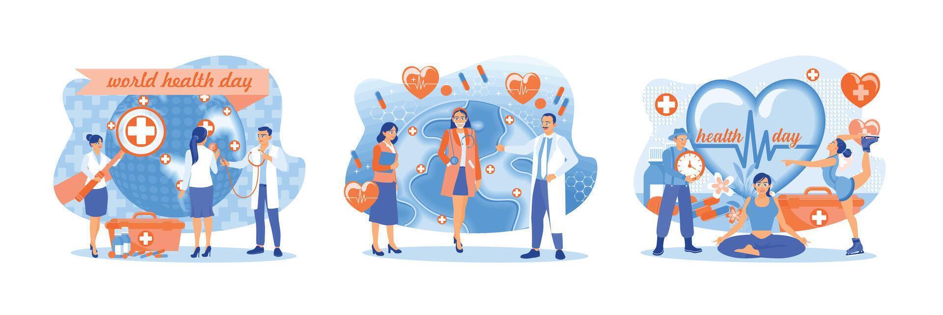 Several doctors and medical personnel commemorate World Health Day. vector