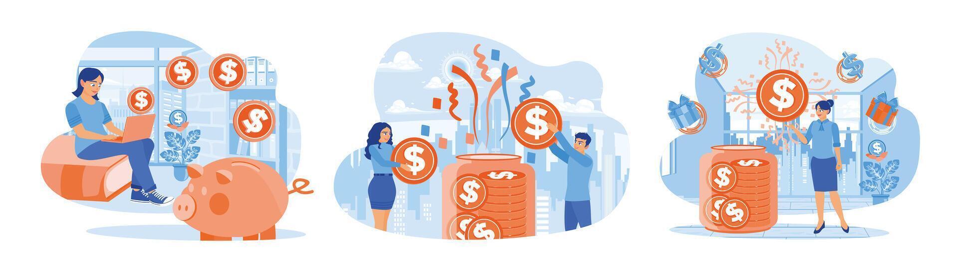 People manage their finances, saving money in piggy banks and glass jars. vector