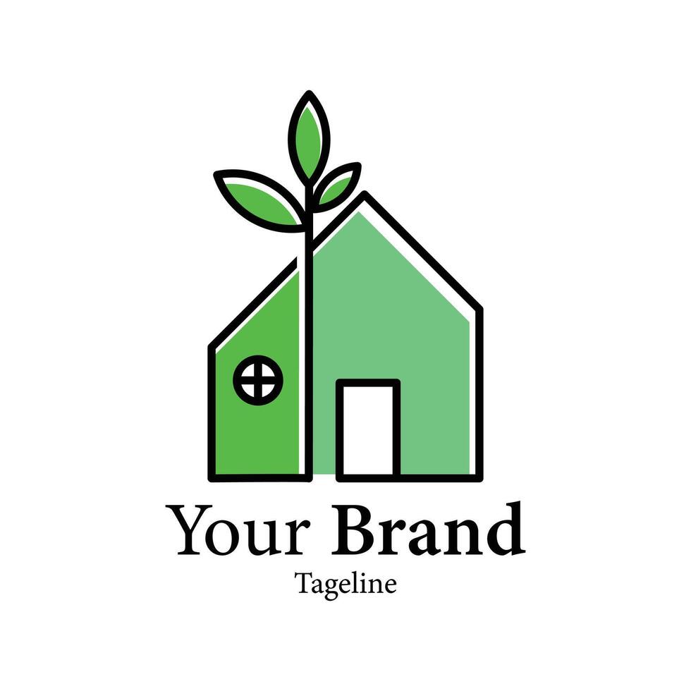 Green House Logo one house and tree leaf vector