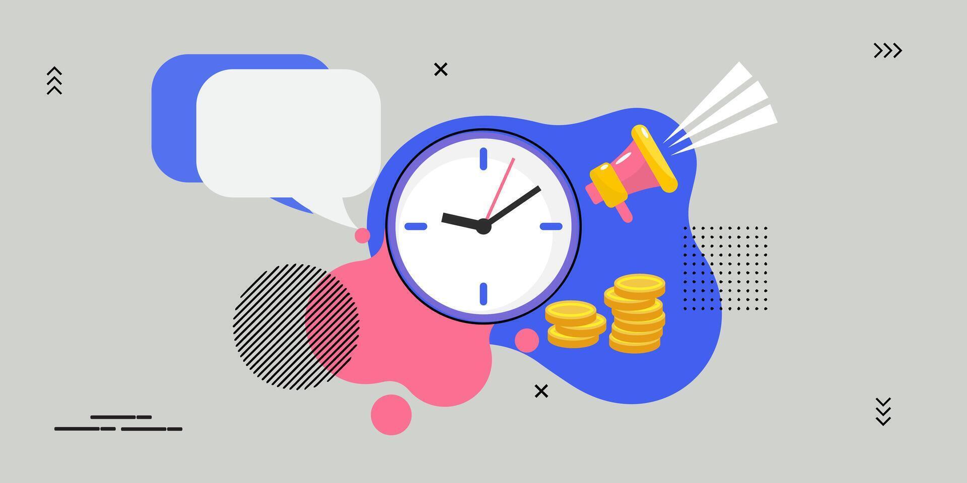 a clock with a speech bubble and a dollar sign on pop art style background vector