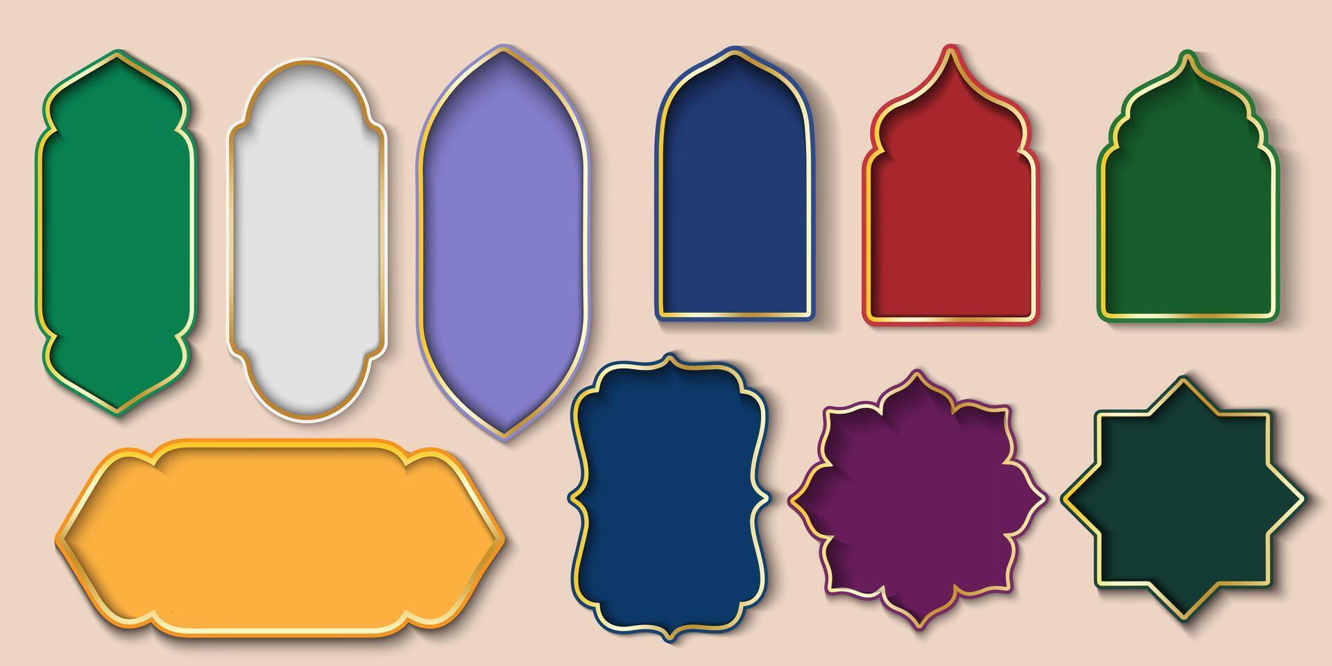 set of colorful islamic frames with gold frames ,islamic window for ramadan and eid mubarak vector