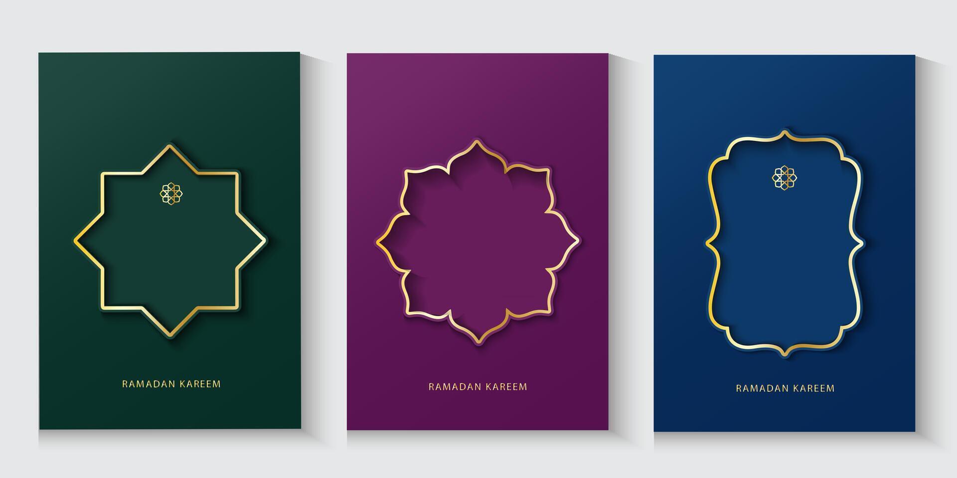 set of ramadan or eid greeting card or banners with gold and purple design vector
