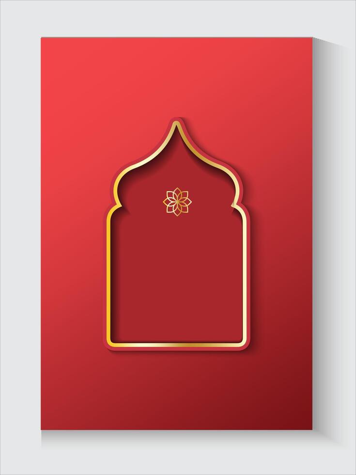 red and gold islamic greeting card with a golden frame and copy space for text vector