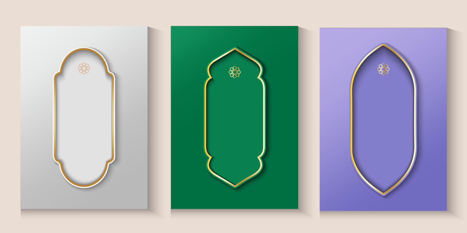 set of ramadan or eid mubarak poster or banners with gold frames and a purple and green background vector