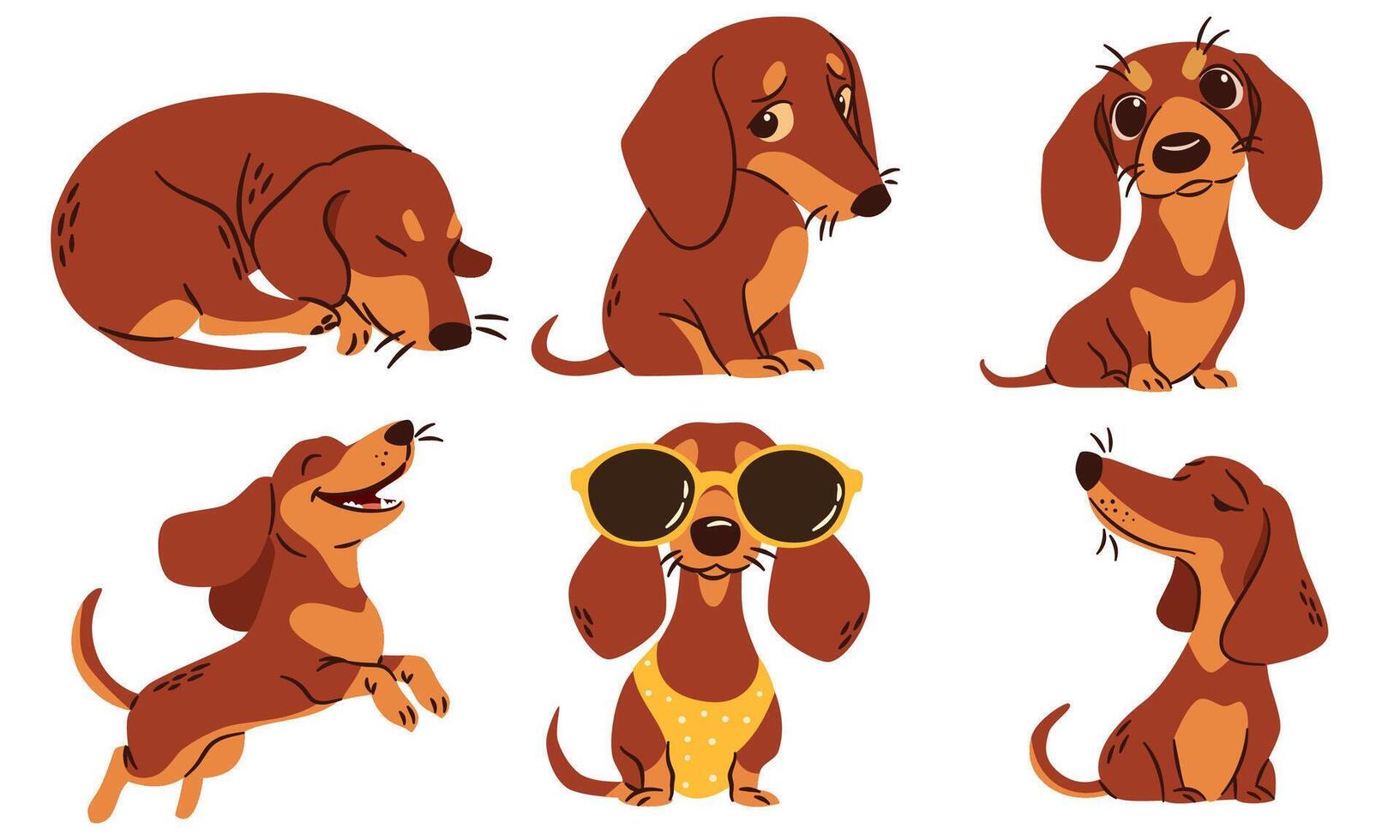 A set of flat illustrations in a simple children's style. Cute dachshunds in different poses. Happy dogs sleeping and playing vector