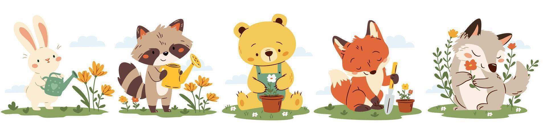A cute set in a simple children's style. Cute forest animals with flowers, plant and water flowers, wolf, fox, hare, raccoon bear vector