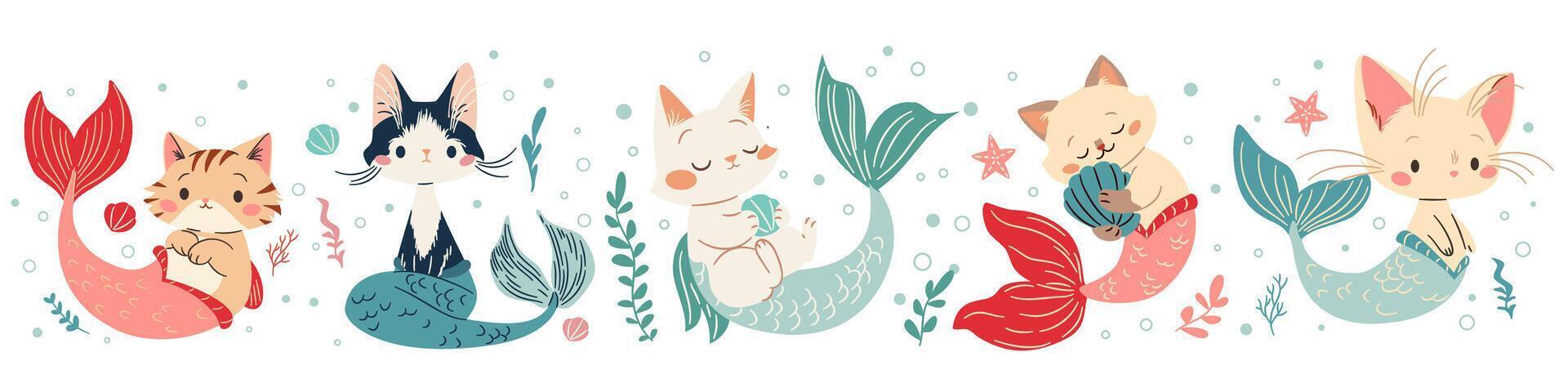 A set of flat illustrations in a simple children's style. Cute mermaid cats with fish tails, shells, seaweed and starfish vector