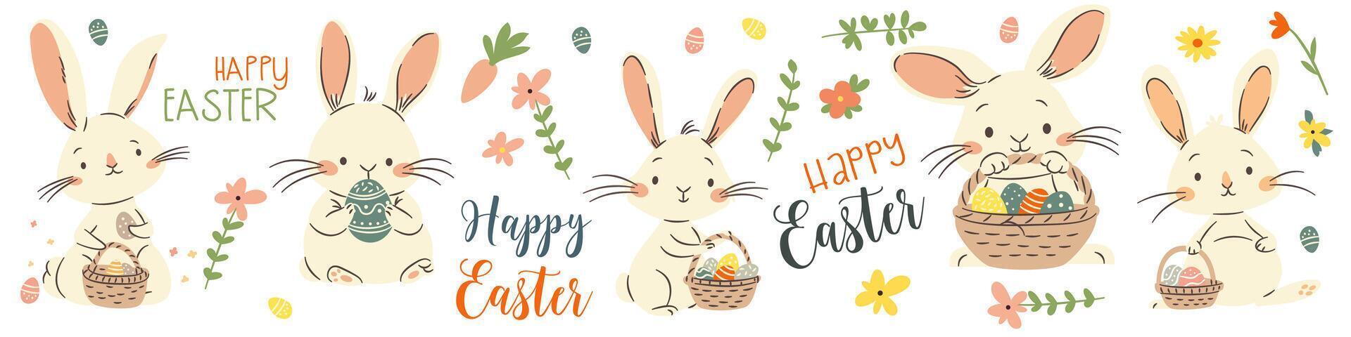 A set of flat illustrations in a simple children's style and lettering on the theme of Easter. Cute bunnies and rabbits holding baskets with Easter eggs vector
