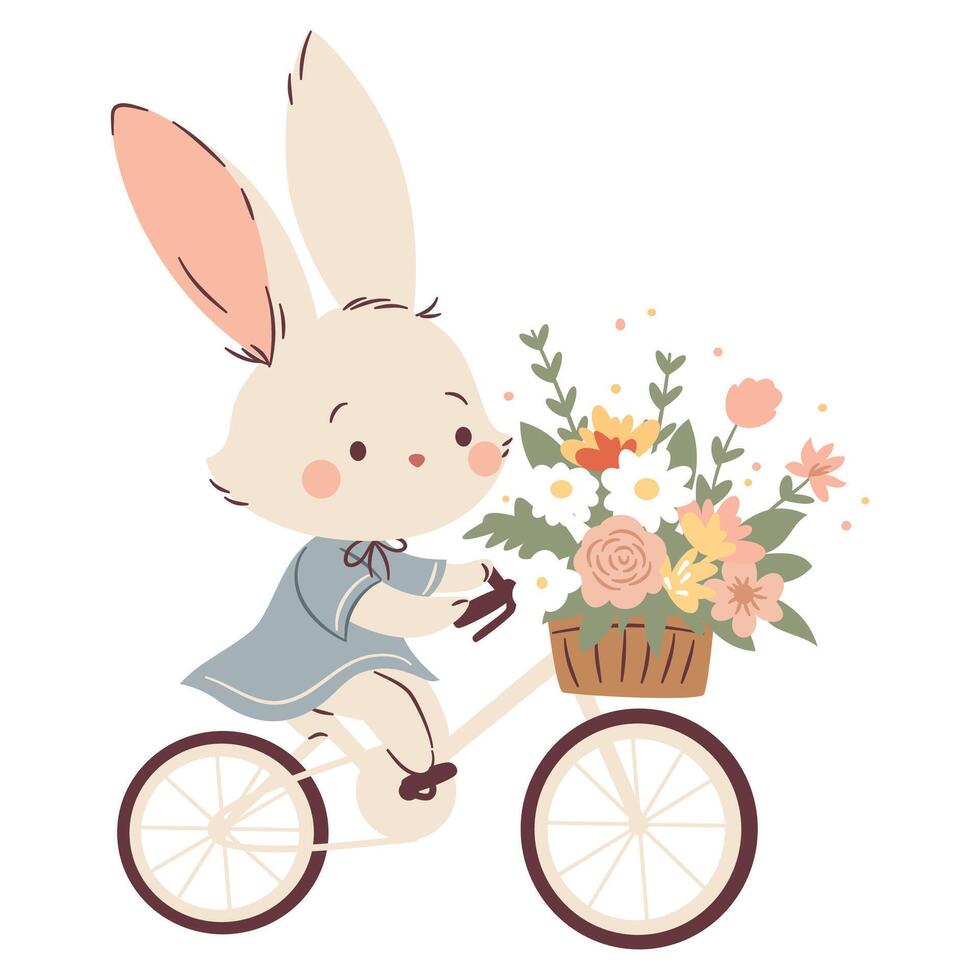 Flat spring illustration in simple childish style. Cute rabbit in a dress rides a bicycle and carries a basket with flowers. vector
