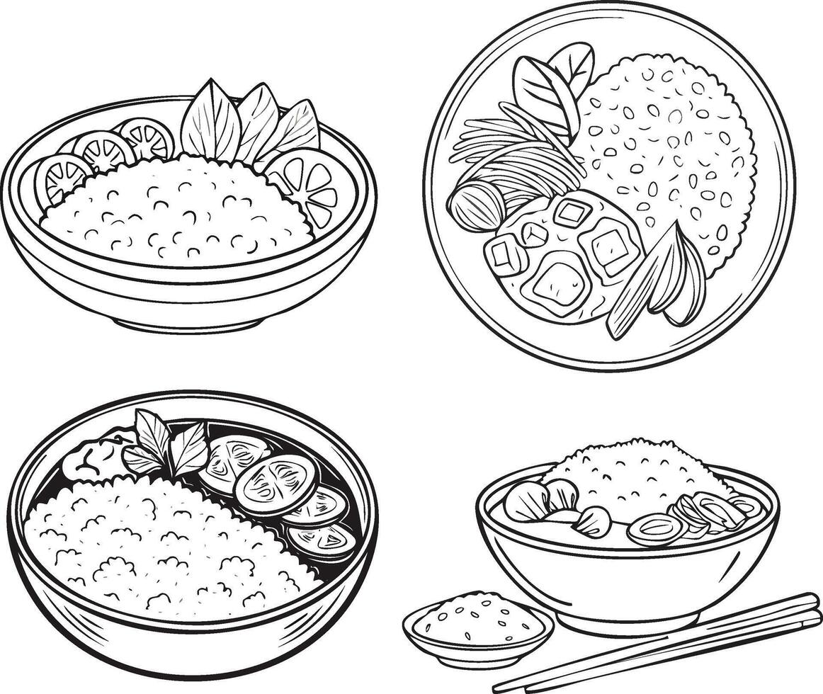 black and white illustration of rice, vegetables and curry vector