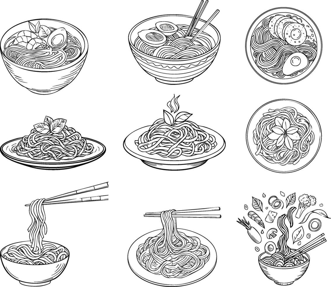 black and white line art ramen noodles illustration set vector