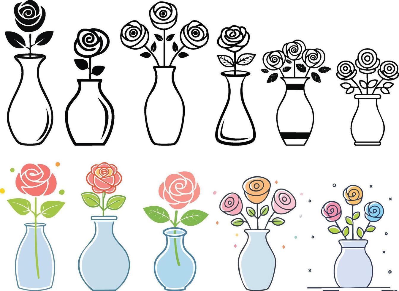 rose in vase illustration set vector