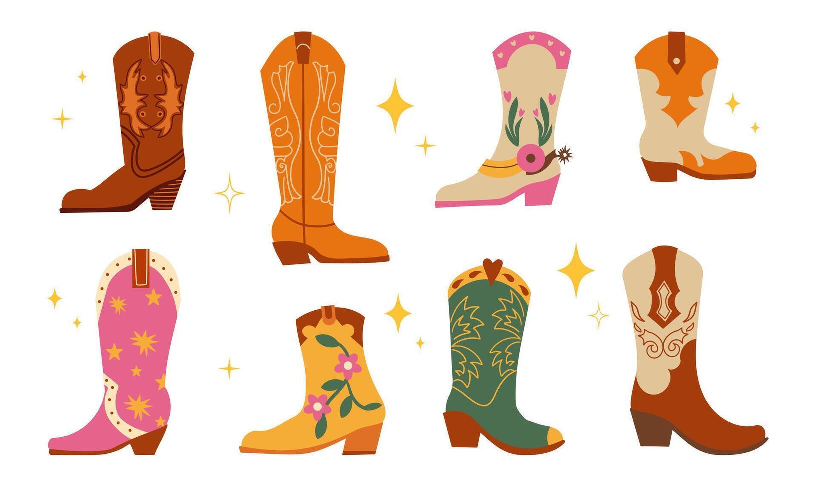 Cowboy boots set. Different ornaments. Wild West Clipart icons. Hand drawn colored set. Elements are isolated .Cowboy western theme, wild west, Texas. Sheriff Horse Ranch . vector