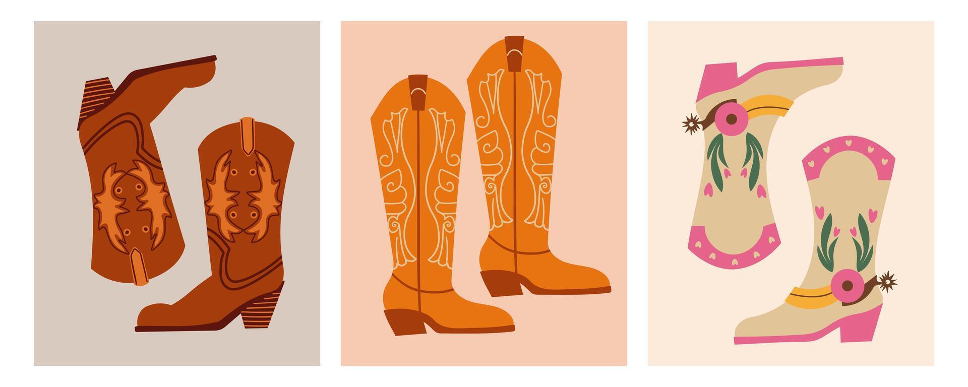 Cowboy boots. Different ornaments. Wild West . Hand drawn colored set. Elements are isolated .Cowboy western theme, wild west, Texas. Sheriff Horse Ranch . vector