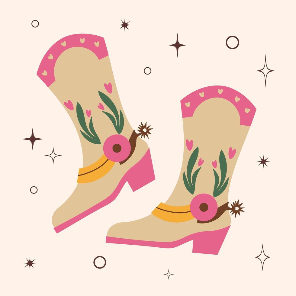 Cowboy boots. Different ornaments. Wild West Clipart icons. Hand drawn colored set. Elements are isolated .Cowboy western theme, Texas. Sheriff Horse Ranch . vector