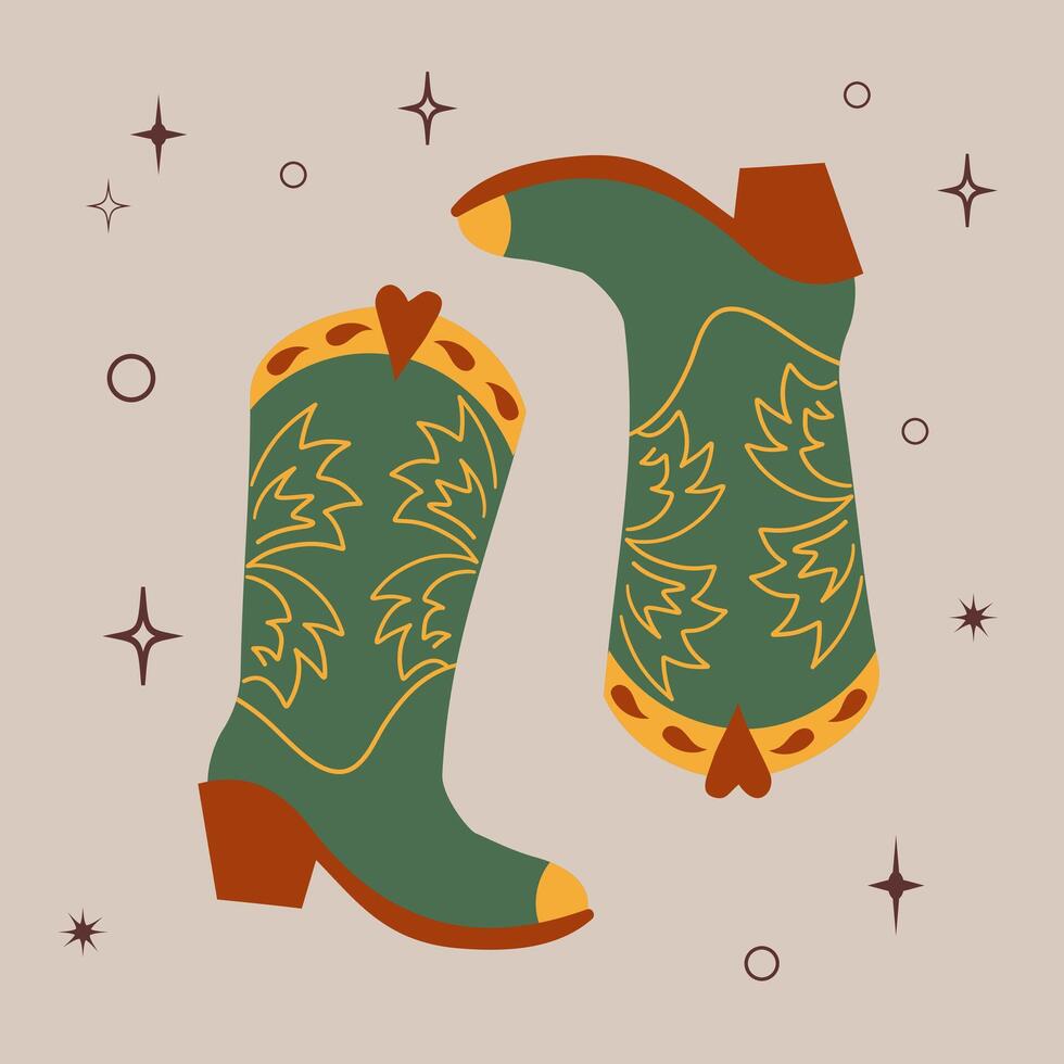 Cowboy boots. Different ornaments. Wild West Clipart icons. Hand drawn colored set. Elements are isolated Texas. Sheriff Horse Ranch . vector