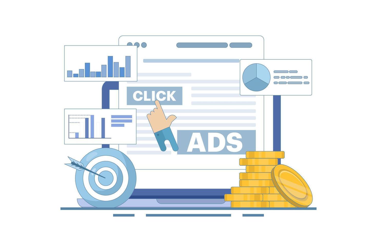 Pay per click concept for websites. Advertising on the internet, clicking ads, pay per click system. PPC advertising strategies, clicking ads and more. Flat cartoon design illustration. vector