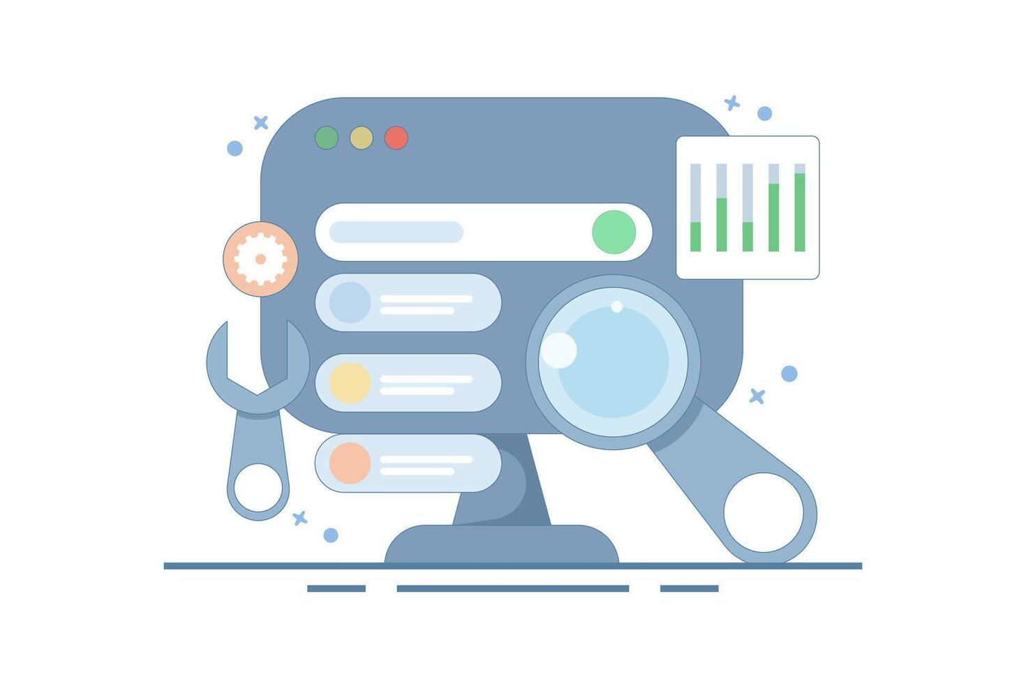 Technical SEO concept, Website optimization for search engines, loading speed, website analysis, Website bug fixes, technical problem solving. illustration background with icons. vector