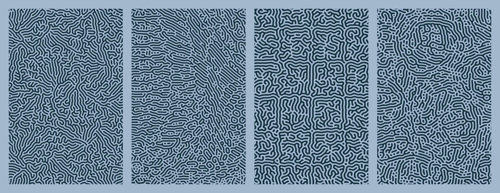 Blue background design collection featuring organic, abstract Turing style line patterns vector