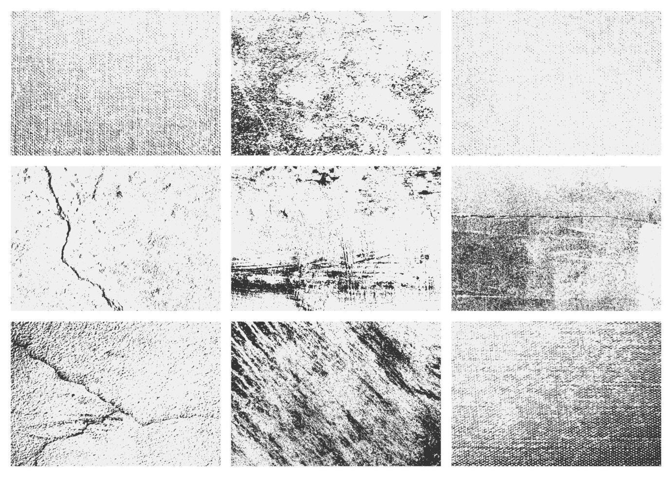 Overlay texture set with grunge elements, scratches, and rough grain. A diverse collection of distressed black textures for professional and artistic design use. vector