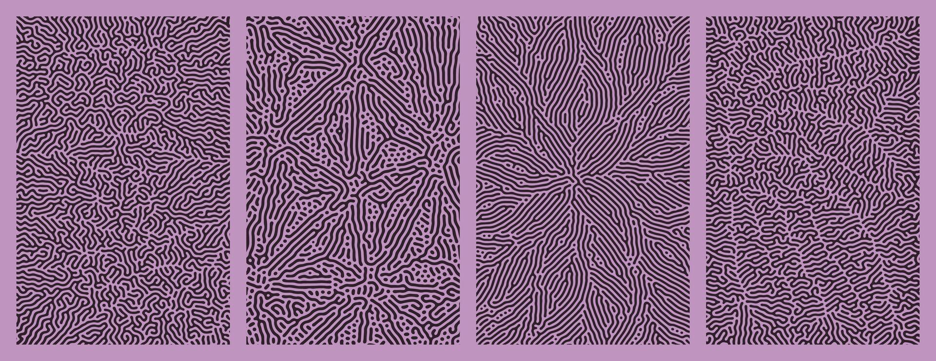Set of collection purple abstract background designs with organic Turing style line patterns vector
