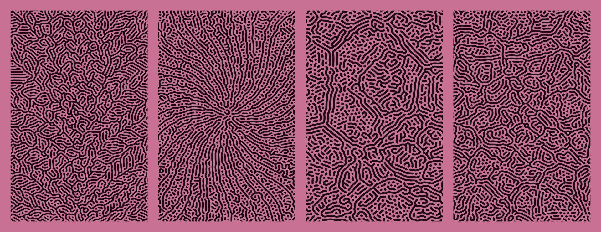 Set of purple collection abstract background designs with organic Turing style line patterns vector