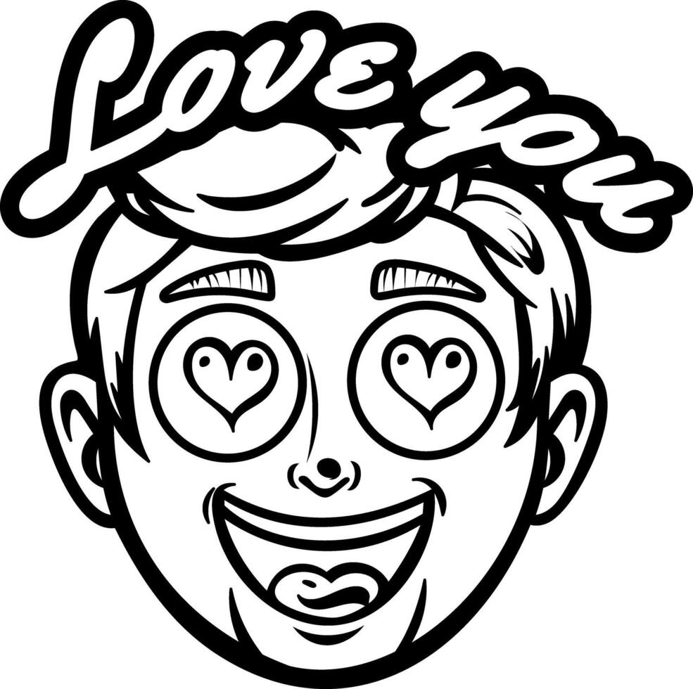 A glyph sticker of a man with hearted eyes and love you typography vector